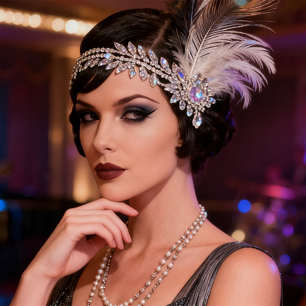 Women Accessories Online - Retro Vintage Feather Headband Sequin Crystal