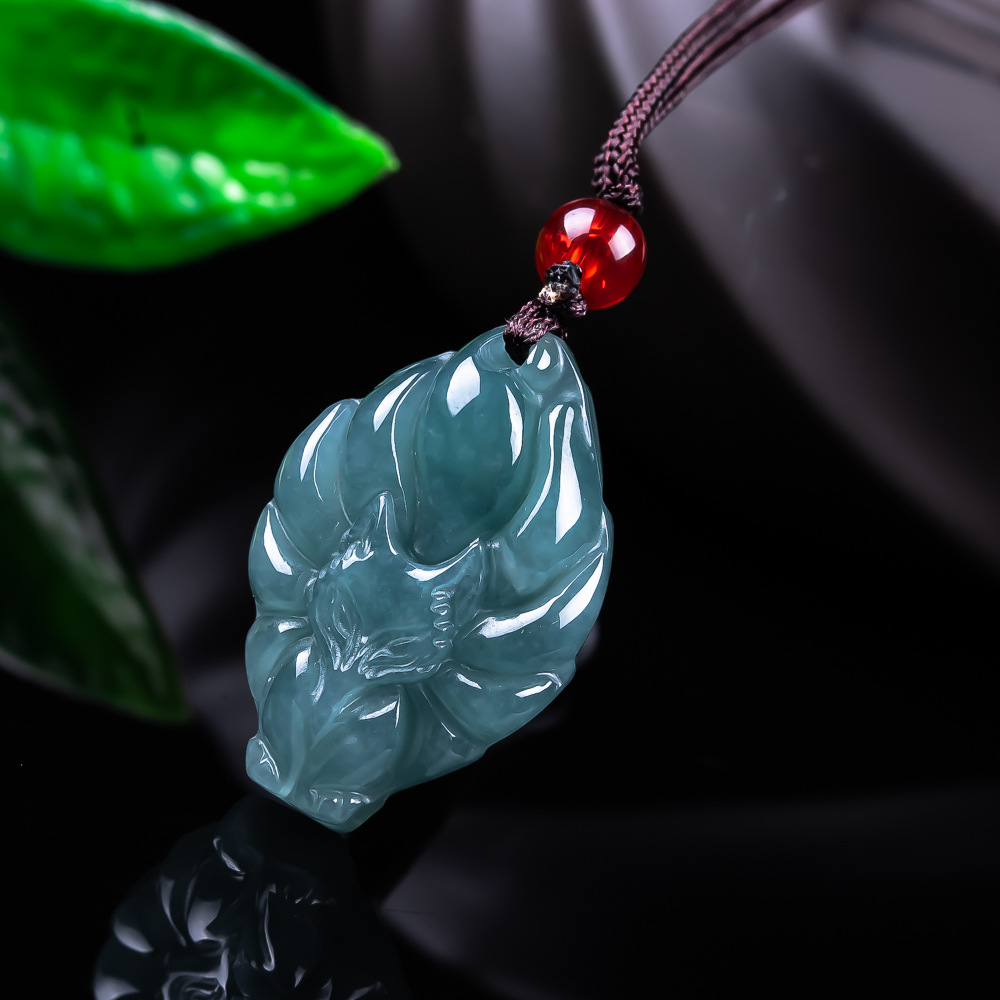 Women Accessories To Gift - Natural Burmese Jadeite Fox Pendant Necklace