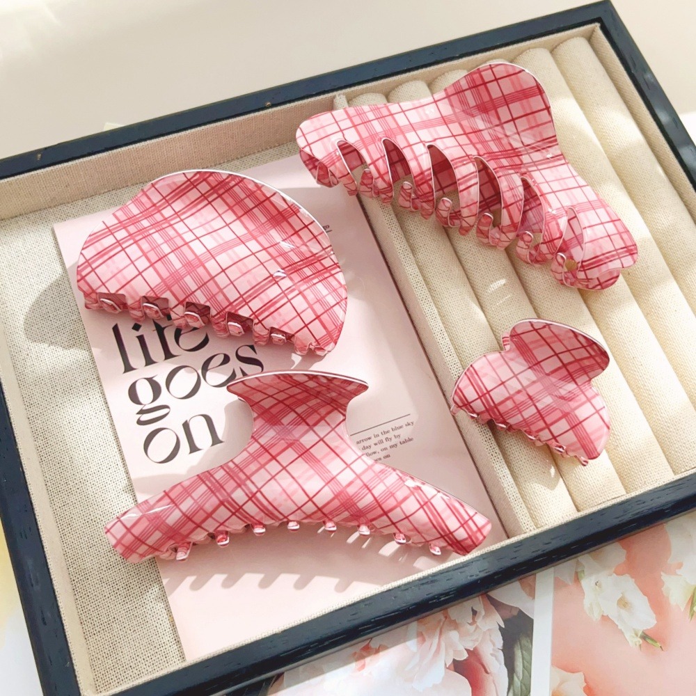 Pink Blue Grid Hair Claw Clips - Women Accessories Online 评论和价格